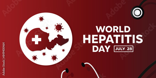 World Hepatitis Day. Liver, virus, plus icon, and stethoscope. Great for cards, banners, posters, social media and more. Red background. 