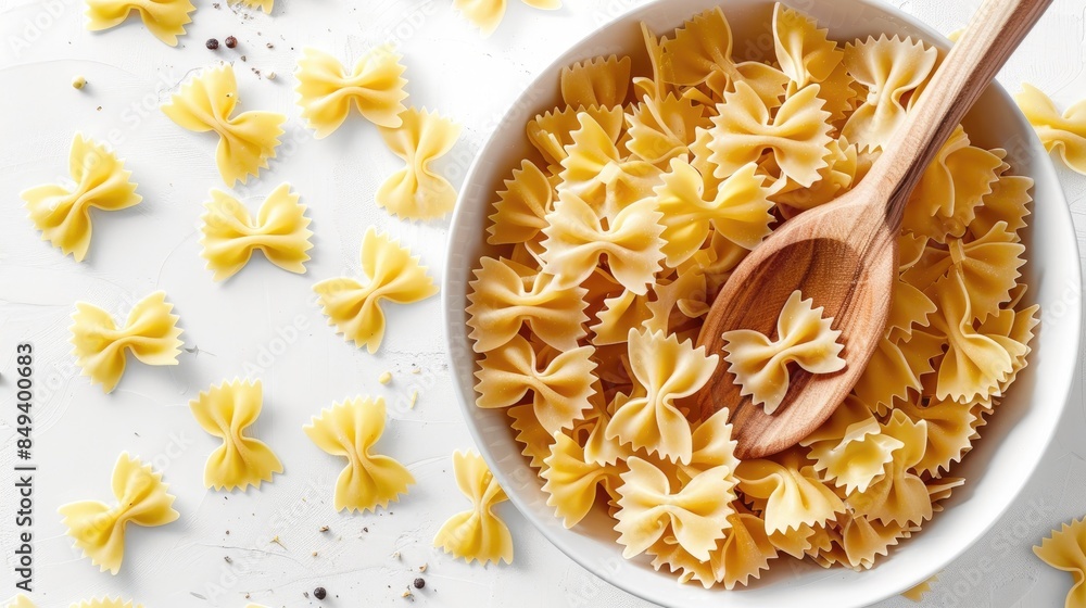 Farfalle pasta arranged in a bowl with a wooden spoon on a white background Farfalle pasta arranged in a bowl with a wooden spoon on a white background