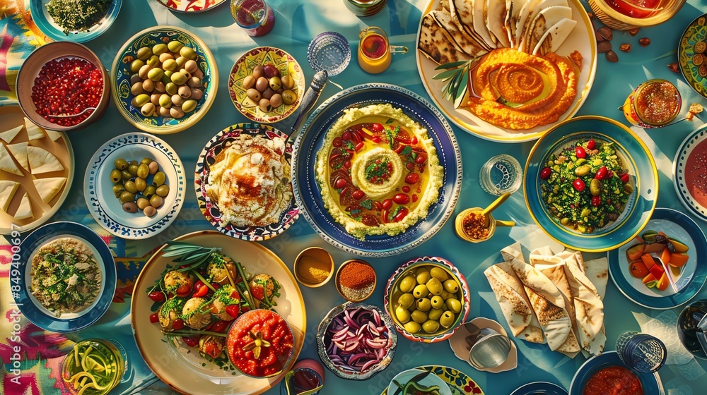 A vibrant spread of mezze dishes A vibrant spread of mezze dishes