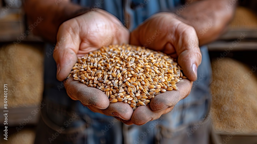Wheat grain in a hand after a good harvest of a successful farmer and wheat ears Wheat grain in a hand after a good harvest of a successful farmer and wheat ears