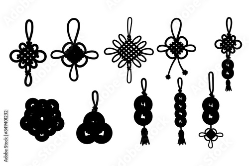 Black silhouette set of Chinese asian tradition luck knot with golden coins vector illustration isolated on white background