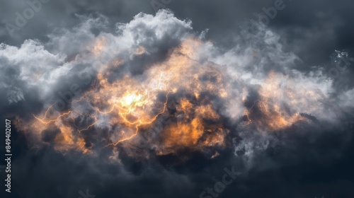 Black storm clouds with lightnings and smoke isolated on transparent background. 