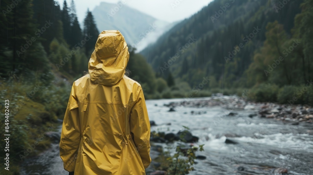 A person wearing a yellow raincoat stands by the river, looking out at the water A person wearing a yellow raincoat stands by the river, looking out at the water