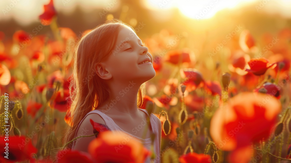 Naklejka premium Little girl in a field of poppies during sunset