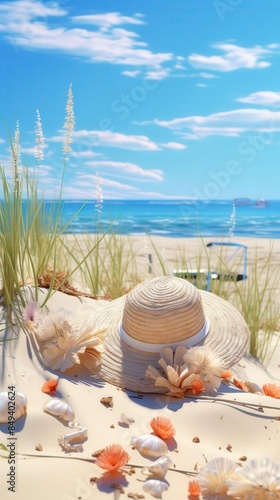 Capture a tilted angle view of a whiteboard on a sandy beach adorned with seashells and a sunhat, evoking a tranquil summer vibe in vibrant digital art