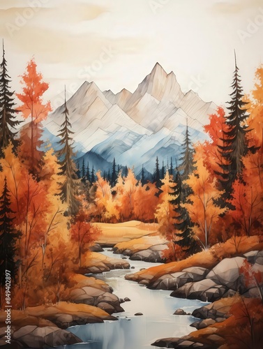 Craft an oil painting showcasing diamond patterns in muted colors blending into a serene fall scenery, enhancing the contrast of snowy mountain tops