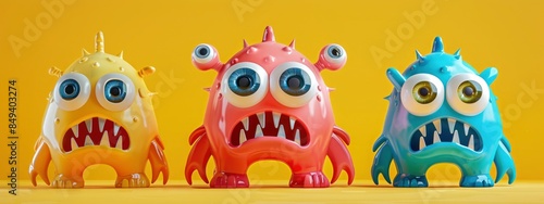 Wallpaper Mural cute crazy monsters with huge eyes made of inflatable items on yellow pastel background in style of 3d. Abstract, fantasy, dreamlike concept. banner Torontodigital.ca