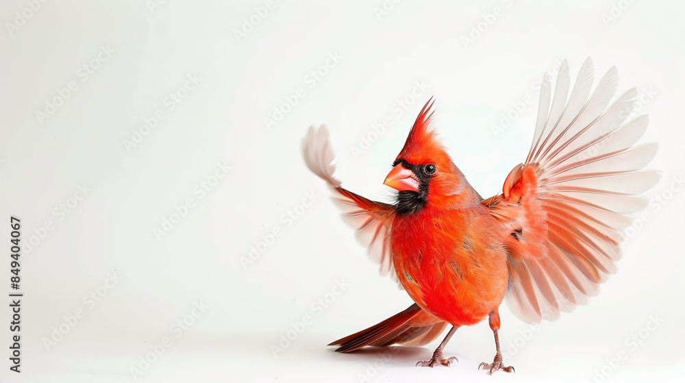 Red bird with spread wings and turned head on white background Red bird with spread wings and turned head on white background