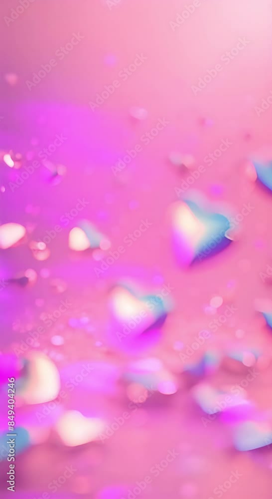 Floating holographic hearts on a vibrant pink background, vertical video. Shimmering hearts in a dreamy pink Valentine's scene. Ethereal hearts scattered in a magical pink setting Floating holographic hearts on a vibrant pink background, vertical video. Shimmering hearts in a dreamy pink Valentine's scene. Ethereal hearts scattered in a magical pink setting