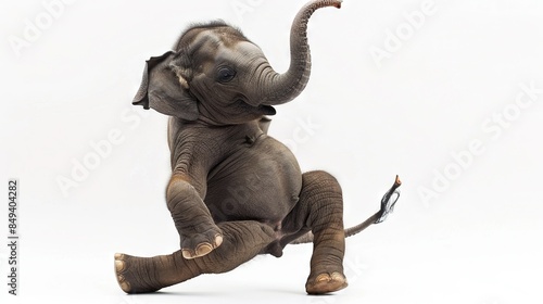   A baby elephant rests on its hindquarters, raising its trunk above its head and extending its legs outward