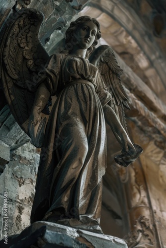 A bronze sculpture depicting an angel holding a trumpet