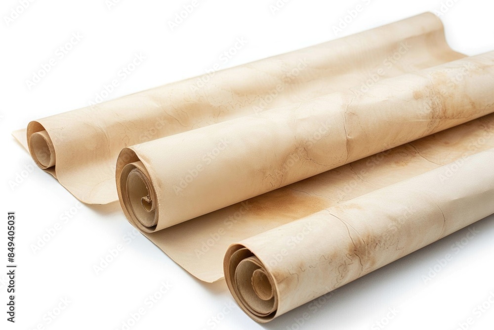 Three rolls of paper sit on a white surface Three rolls of paper sit on a white surface