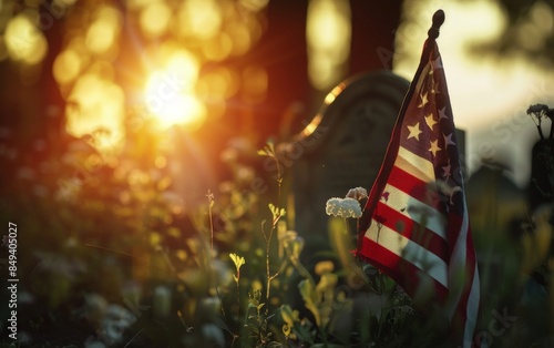 American flag waving in the wind at sunset. The flag is in focus with a soft blur background of trees and flowers.