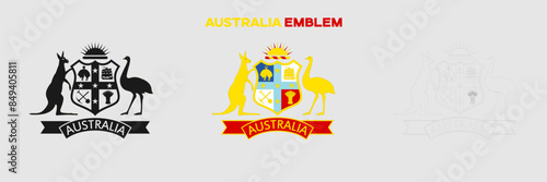 Australia Emblem Vector Pack. Emblem with Flag. Gray Emblem Silhouette. Gray Outline Emblem. Editable EPS file.