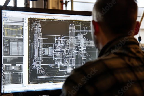 An engineer is intently examining a detailed CAD design on a monitor, great as an abstract and modern wallpaper or a best-seller illustration of technology photo