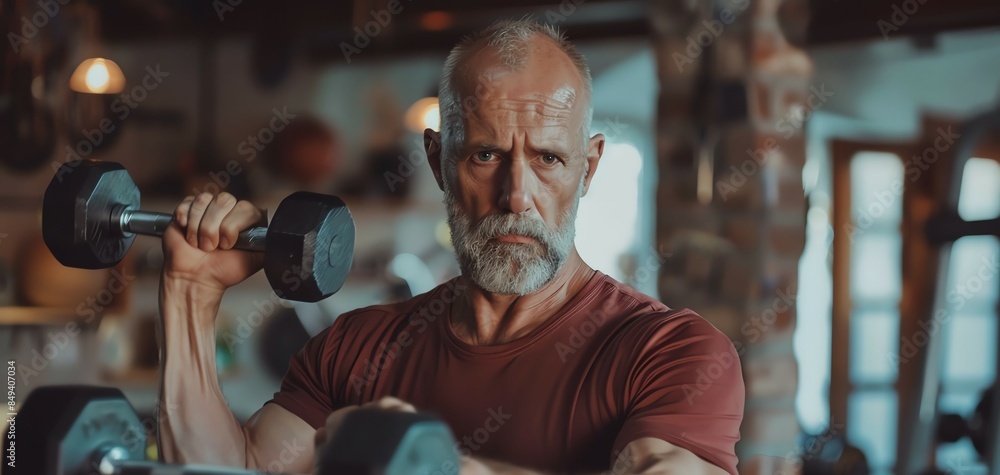 Mature man exercising with dumbbells indoors, showing strength and fitness at an older age, promoting wellness and health, detailed realism Mature man exercising with dumbbells indoors, showing strength and fitness at an older age, promoting wellness and health, detailed realism