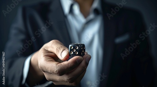 A suited man holding dice. Concept of business and social issues.