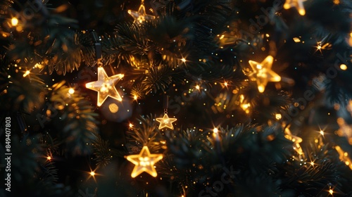 A close up view of a decorated Christmas tree with lights, ideal for holiday decorations and seasonal promotions