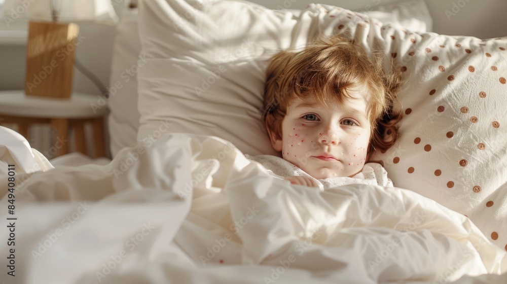 Young child with chicken pox playing in bed at home while isolated for quarantine due to illness Young child with chicken pox playing in bed at home while isolated for quarantine due to illness