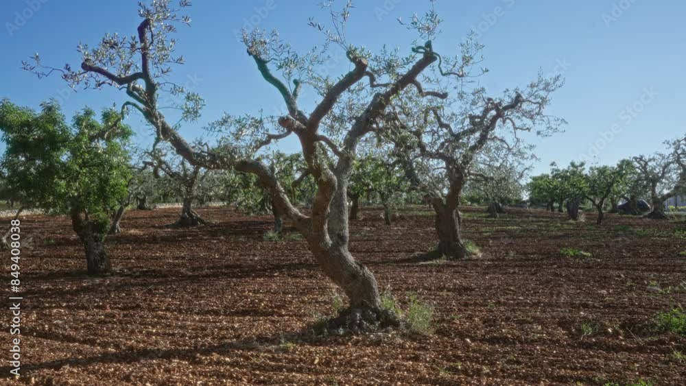 Olive trees in a wide field in puglia, italy, on a sunny day with blue skies and red soil, embodying the european countryside landscape. Olive trees in a wide field in puglia, italy, on a sunny day with blue skies and red soil, embodying the european countryside landscape.