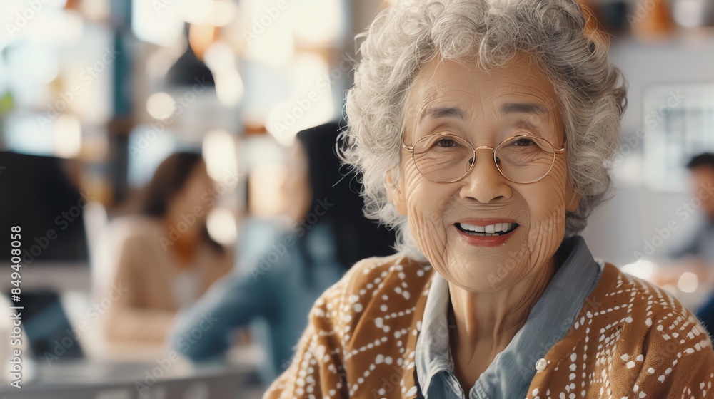 Elderly woman smiling and collaborating in a creative office, diverse team environment, focus on teamwork and inclusivity, detailed realism Elderly woman smiling and collaborating in a creative office, diverse team environment, focus on teamwork and inclusivity, detailed realism
