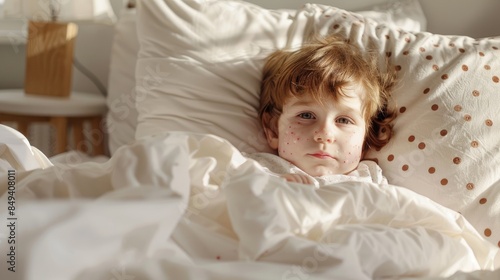 Young child with chicken pox playing in bed at home while isolated for quarantine due to illness