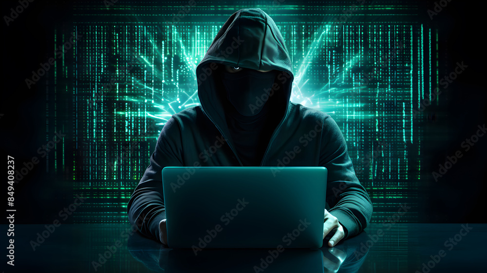 Hackers use laptop to crack code Hacking and malware concept Hackers use laptop to crack code Hacking and malware concept