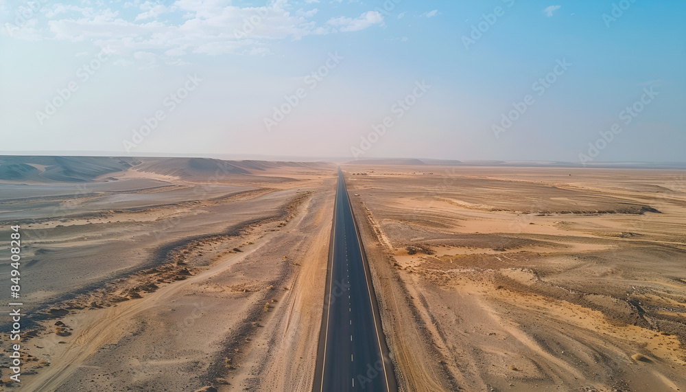 Aerial view of an empty road passing through a remote desert landscape ...
