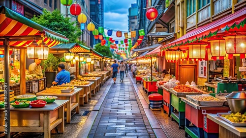 Vibrant Japanese street food market with stalls showcasing colorful foods , Japan, street food, market, stall, vibrant photo