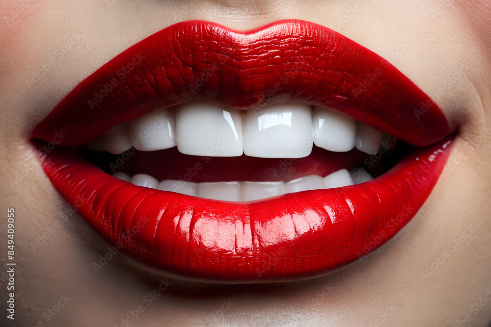 Obraz premium Close-up of a woman's beautiful smile with red lipstick and white teeth.