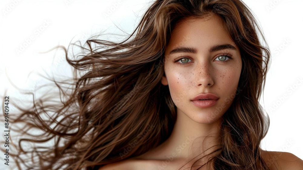 beautiful woman with long brown flowing hair, isolated against a white background, hyper realistic, extremely detailed, focused on hair, shampoo beautiful woman with long brown flowing hair, isolated against a white background, hyper realistic, extremely detailed, focused on hair, shampoo
