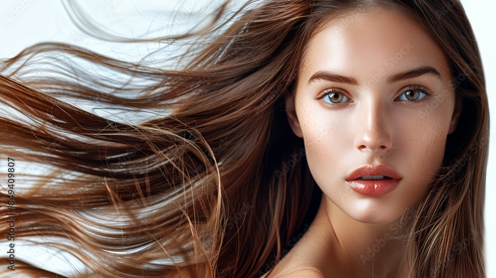 Obraz premium beautiful woman with long brown flowing hair, isolated against a white background, hyper realistic, extremely detailed, focused on hair, shampoo