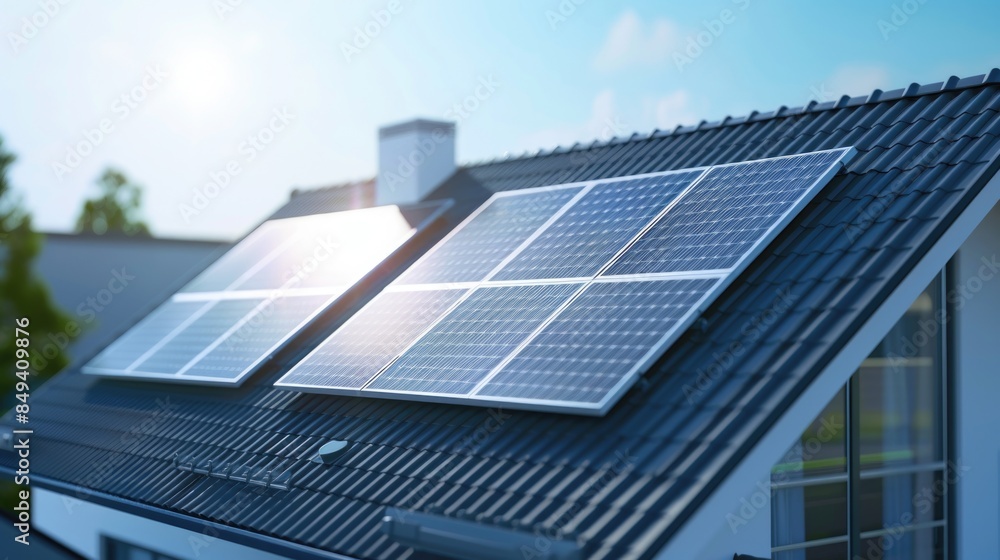 Fototapeta premium A modern home featuring solar panels on the rooftop