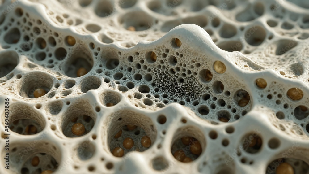Close-up of spongy bone tissue, focusing on microscopic structure, cells and collagen. Highlighting medical science, skeletal health, repair processes. Close-up of spongy bone tissue, focusing on microscopic structure, cells and collagen. Highlighting medical science, skeletal health, repair processes.