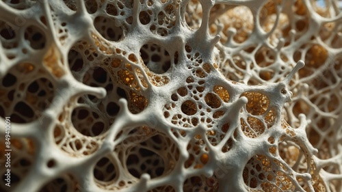 Spongy bone structure under magnification, showing tissue cells, collagen, growth patterns. Emphasizing medical and biological aspects, skeletal health, fragility of aged or diseased bones.
