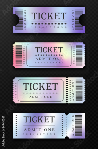Set of abstract tickets of different gradient and holographic design. Tickets with barcodes, front view. Ticket templates. Vector illustration