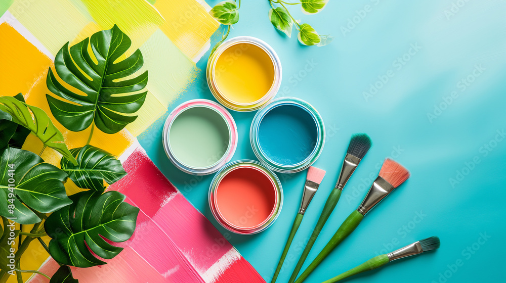 Colorful Paints and Brushes with Tropical Leaves Colorful Paints and Brushes with Tropical Leaves