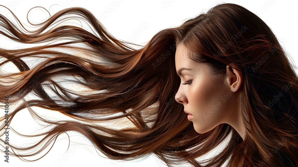 beautiful woman with long brown flowing hair, isolated against a white background, hyper realistic, extremely detailed, focused on hair, shampoo beautiful woman with long brown flowing hair, isolated against a white background, hyper realistic, extremely detailed, focused on hair, shampoo