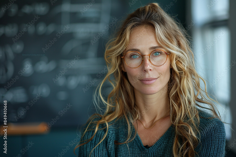 Generative AI - A teacher in a class room near the blackboard Generative AI - A teacher in a class room near the blackboard