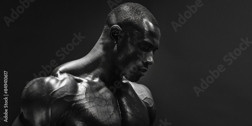 A strong male figure in monochrome photography, suitable for use in fitness or strength-related contexts