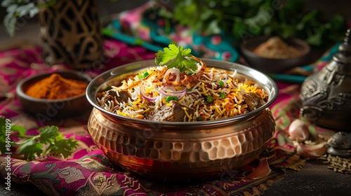 Flavorful Indian lamb biryani served in a copper pot