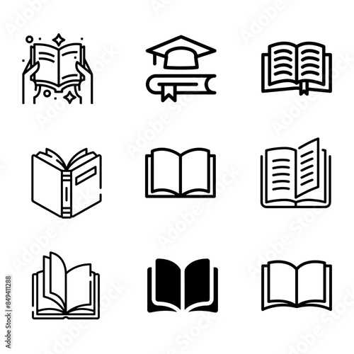 Books open, closed black icons set on white. Literature, publishing house, library pictograms collection. Reading festival, club logos. Writing competition vector for infographic, web. Top, side view.