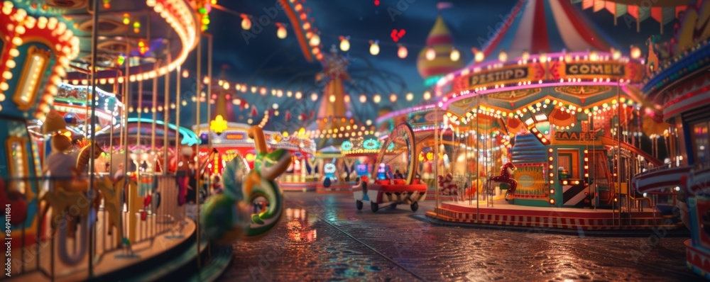 Summer carnival with games and rides, colorful lights and festive atmosphere, 4K hyperrealistic photo. Summer carnival with games and rides, colorful lights and festive atmosphere, 4K hyperrealistic photo.