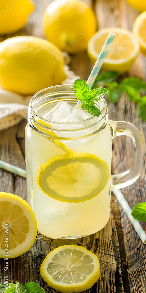 Fototapeta premium Limonada refrescante em um pote de vidro com fatias de limão