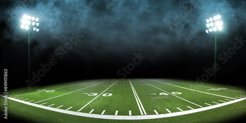 Mysterious Football Field with Dark Clouds and Stadium Lights