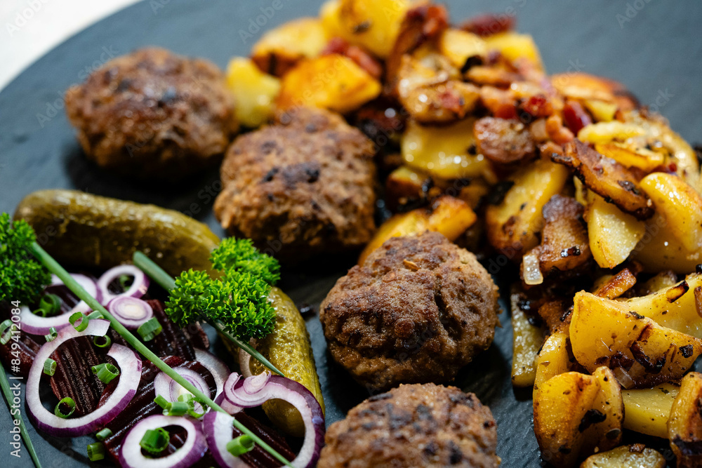 Gebratene Frikadellen mit Kartoffeln und Gewürzen Gebratene Frikadellen mit Kartoffeln und Gewürzen