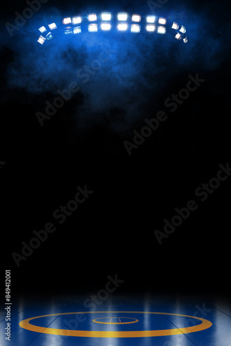 Dramatic Wrestling Arena with Blue Lights and Blue-Yellow Mat