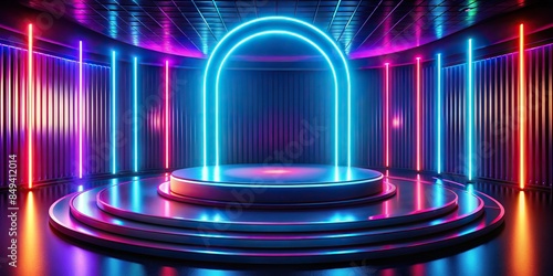Futuristic podium surrounded by vibrant neon lights , technology, digital, futuristic, innovation, illuminated