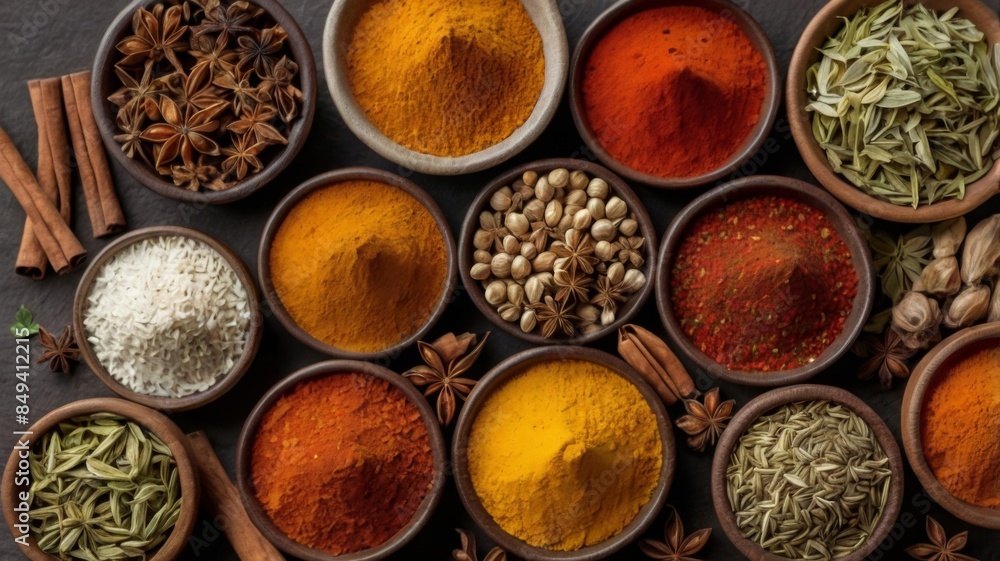 Top view of spices and herbs isolated against a background of food items, nutritious veggies, high vitamin and fiber content on the table Top view of spices and herbs isolated against a background of food items, nutritious veggies, high vitamin and fiber content on the table