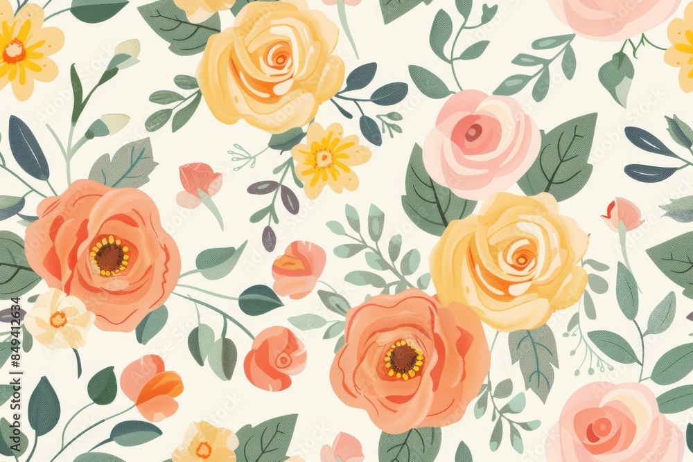 Delicate Floral Pattern with Yellow and Peach Roses Delicate Floral Pattern with Yellow and Peach Roses